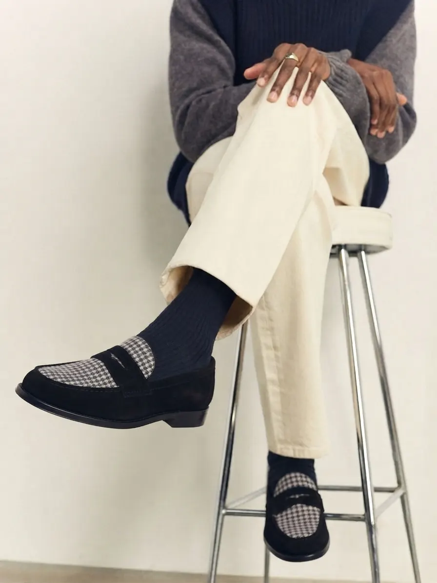 Black velvet penny loafers with houndstooth apron, styled with cream trousers