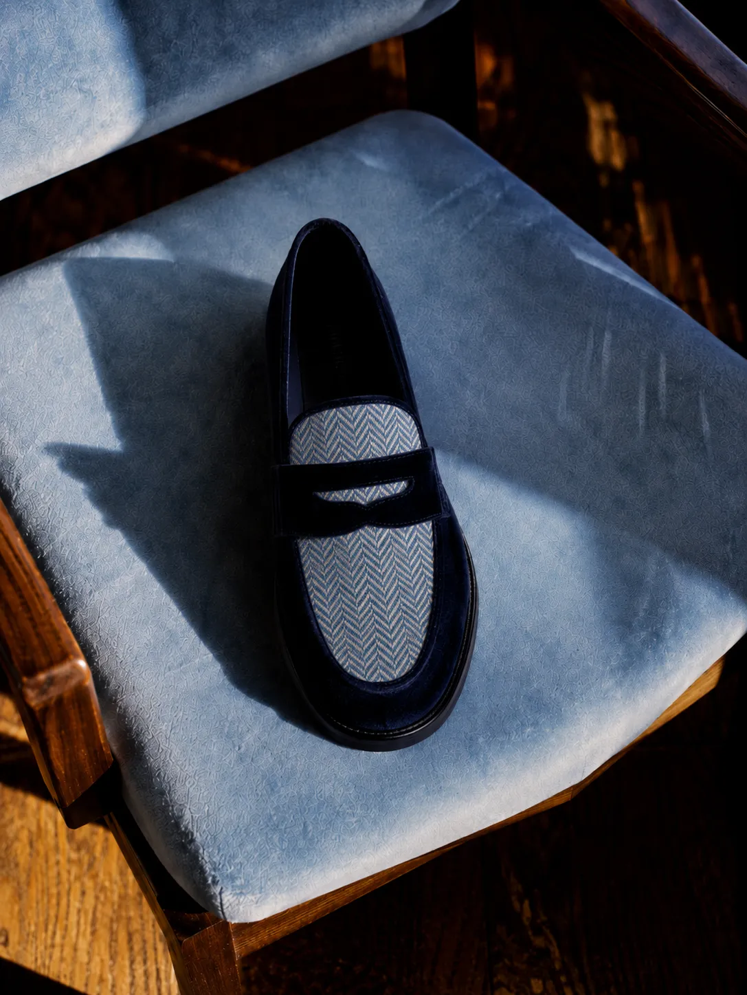 LYL penny loafer in navy velvet & herringbone