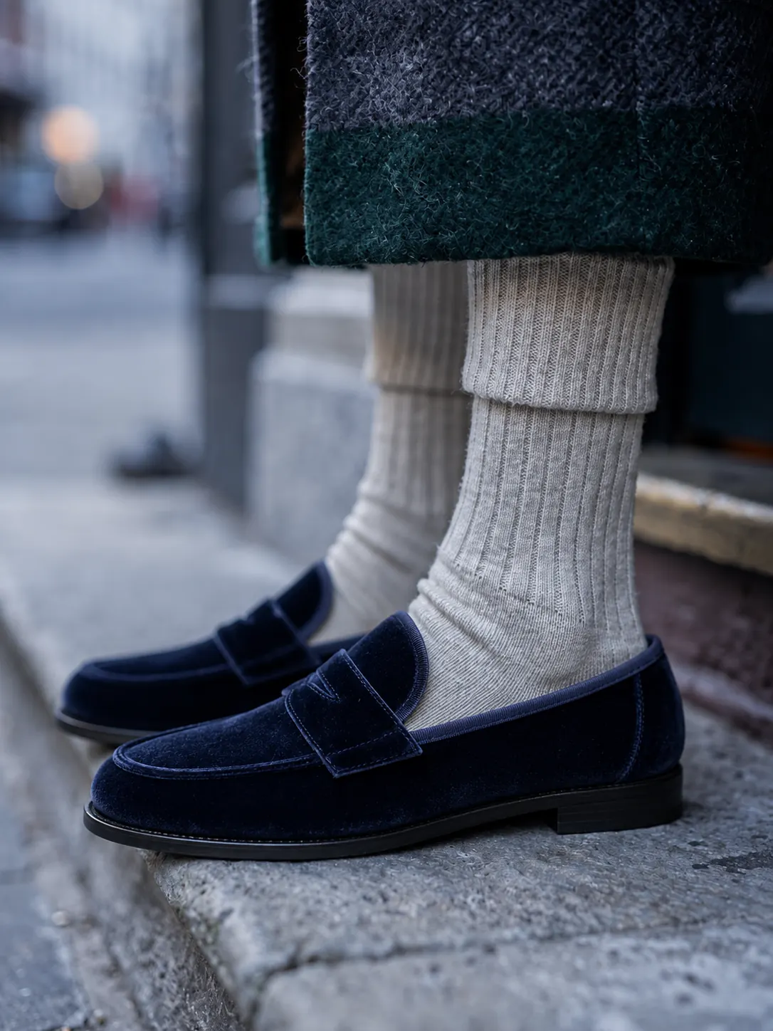 LYL penny loafer in navy velvet & ribbed cream socks