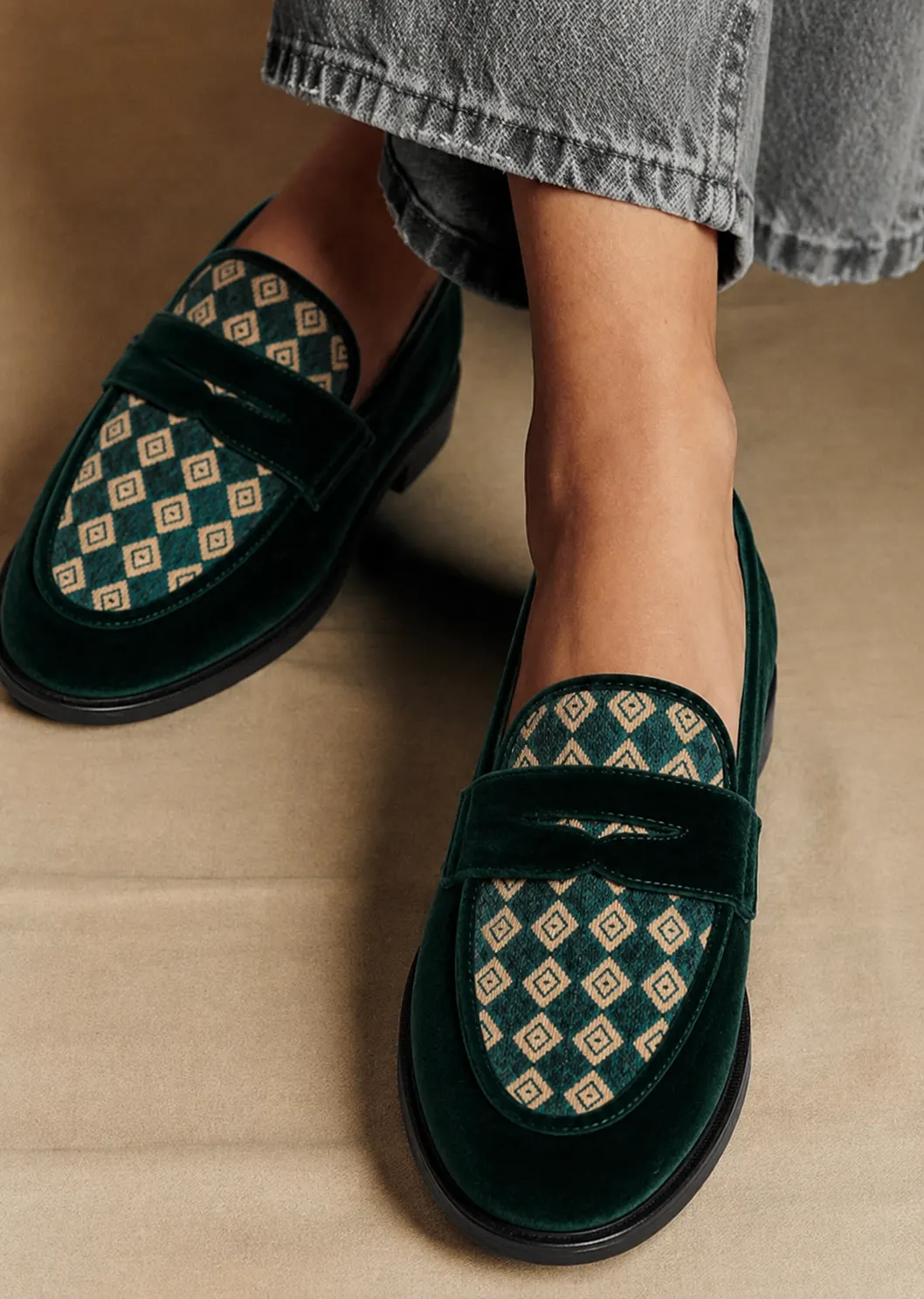 LYL penny loafer in green velvet & diamond jacquard