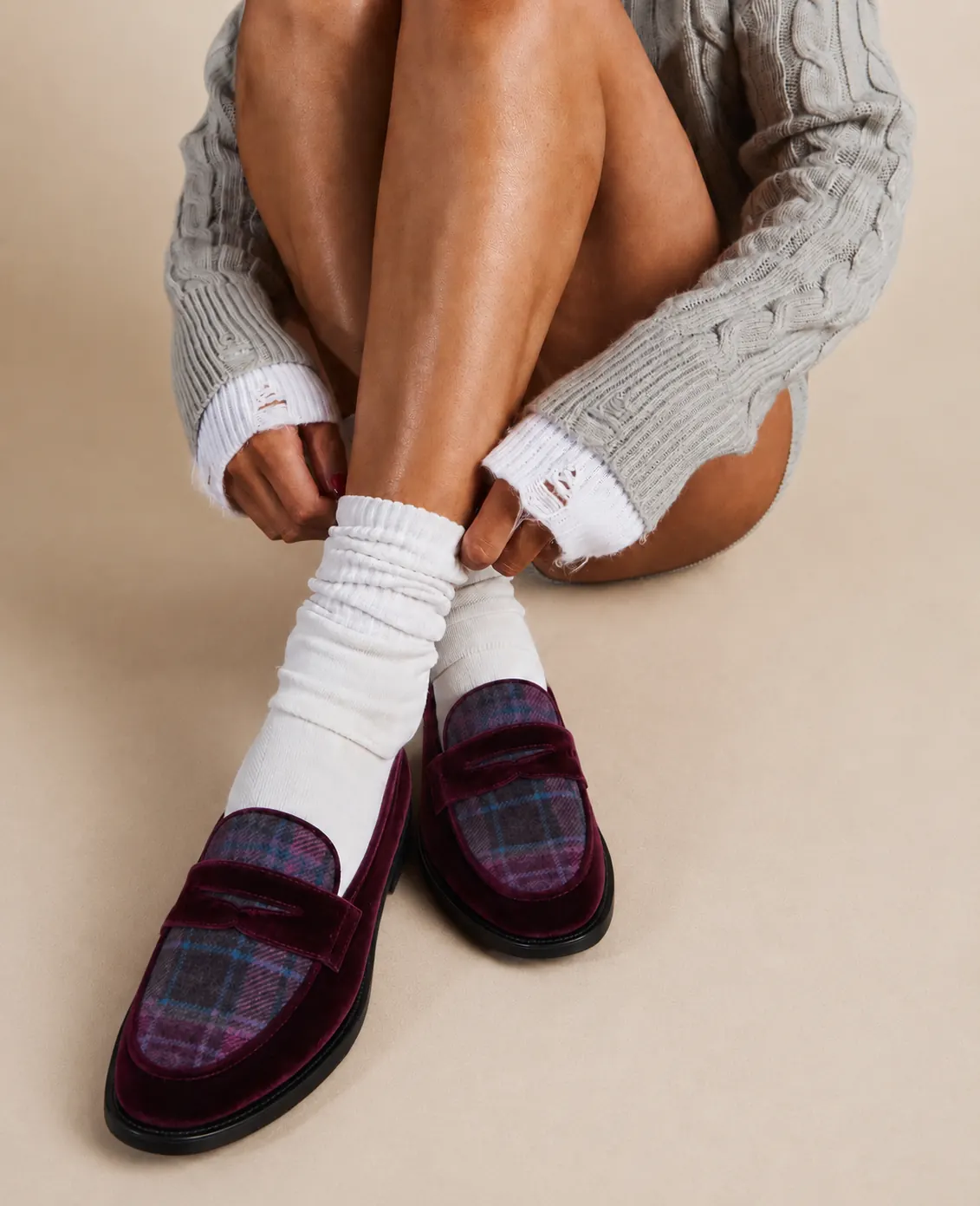 LYL penny loafer in burgundy velvet & purple plaid