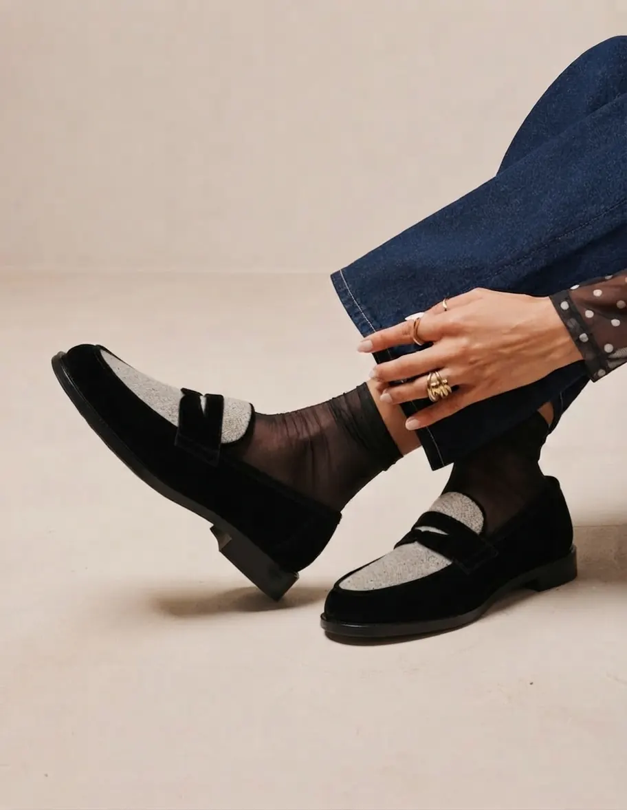 LYL penny loafer in black velvet & check