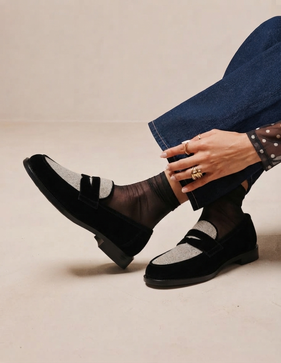 Black velvet LYL penny loafer with grey fabric insert styled with sheer socks and denim