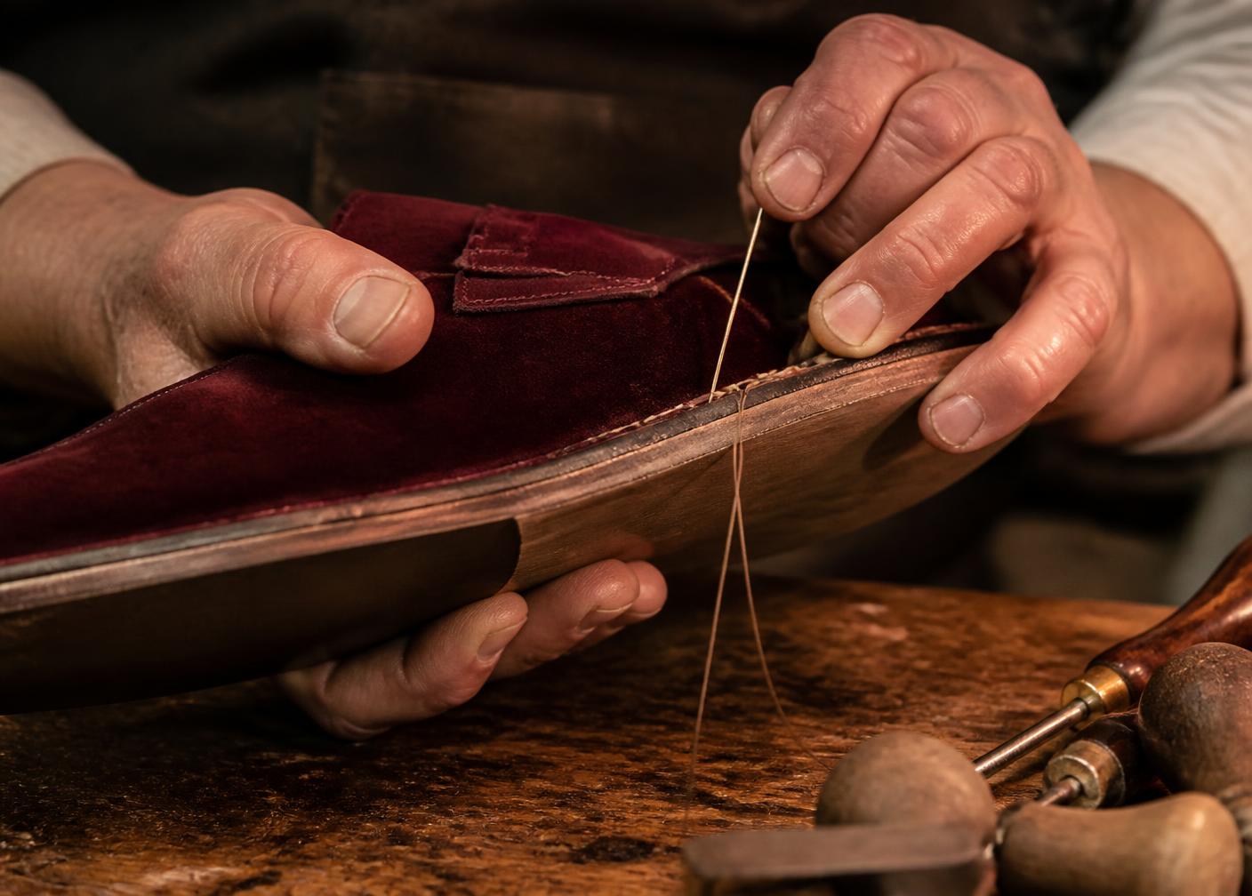 A shoemaker hand-stitching the sole of a burgundy velvet loafer